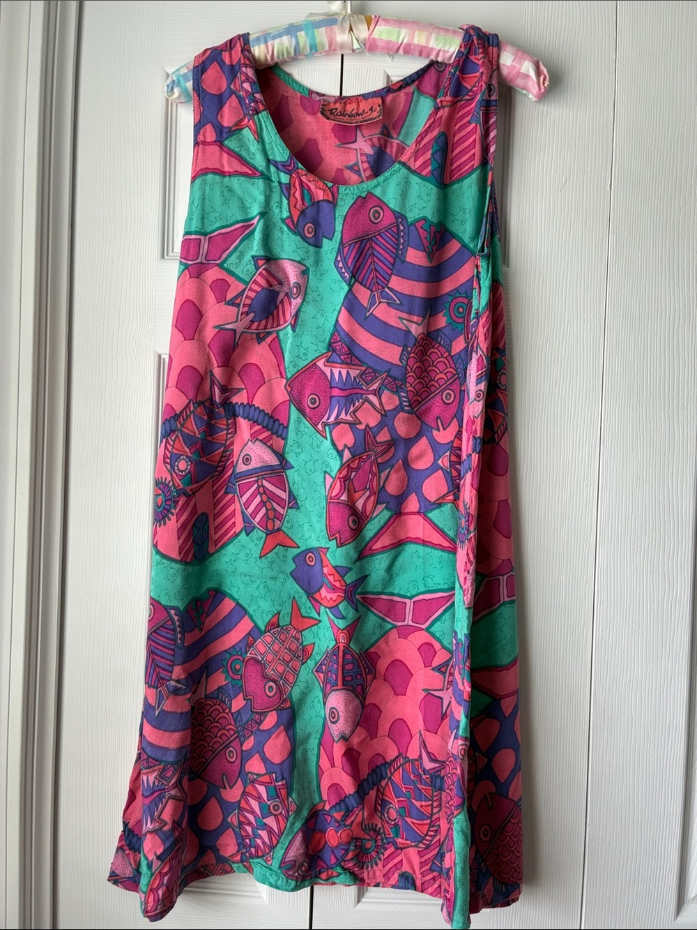 Sleeveless Fish-Print Swim Coverup Tunic in Pink & Teal